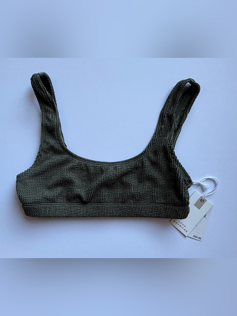 Good American Scoop Neck Textured Swim Bikini Top Olive Green S/M NWT $55